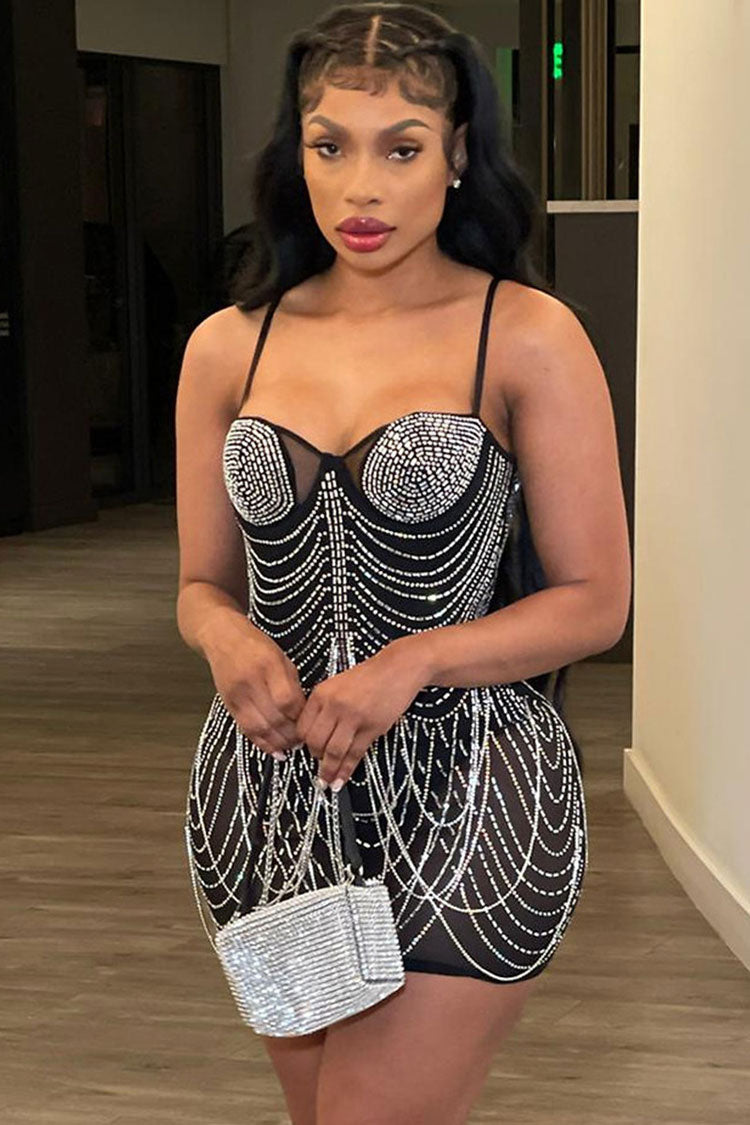 Sparkly Rhinestone Sweetheart Neck Sheer Mesh Bodycon Party Mini Dress - Black - Fashionpara