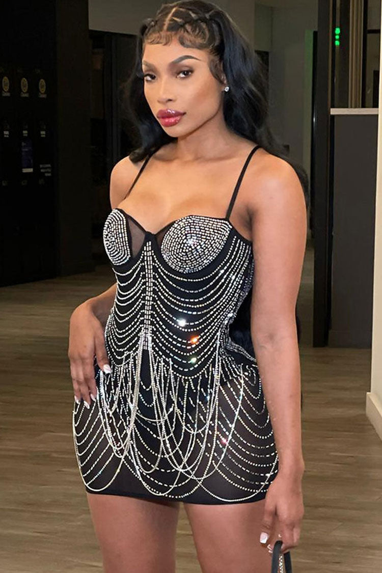 Sparkly Rhinestone Sweetheart Neck Sheer Mesh Bodycon Party Mini Dress - Black - Fashionpara