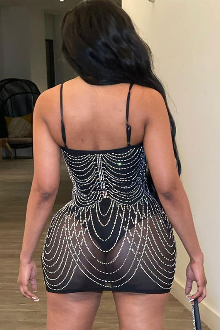 Sparkly Rhinestone Sweetheart Neck Sheer Mesh Bodycon Party Mini Dress - Black - Fashionpara