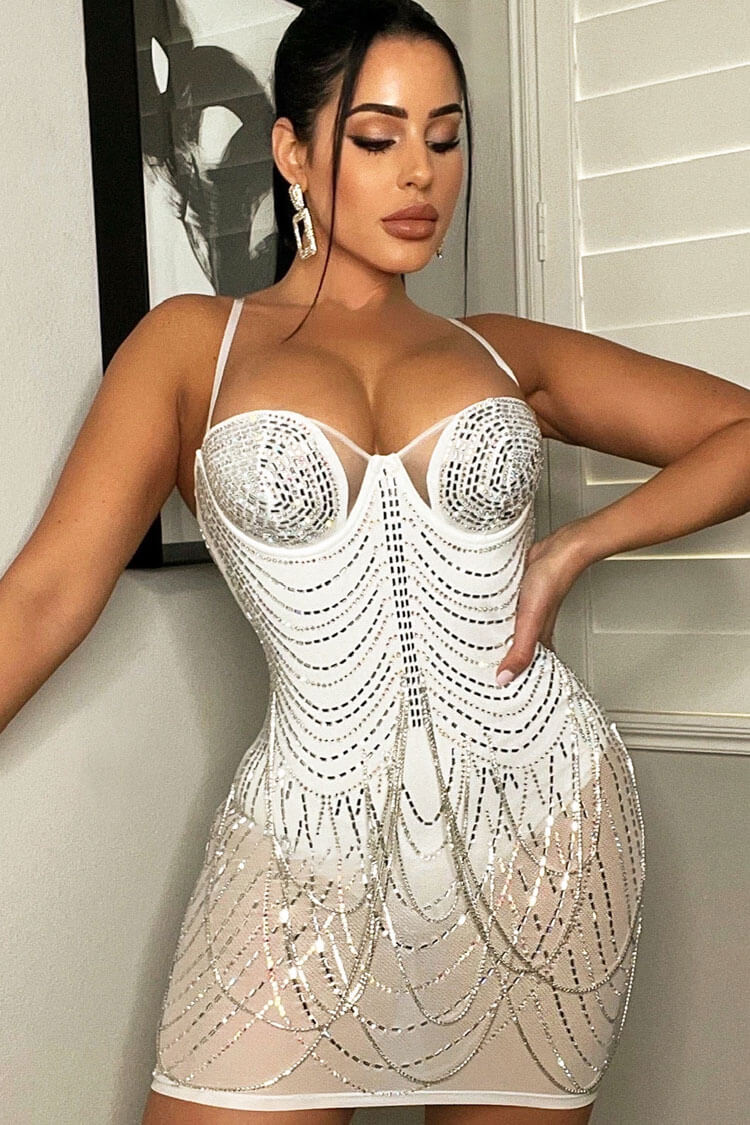 Sparkly Rhinestone Sweetheart Neck Sheer Mesh Bodycon Party Mini Dress - White - Fashionpara