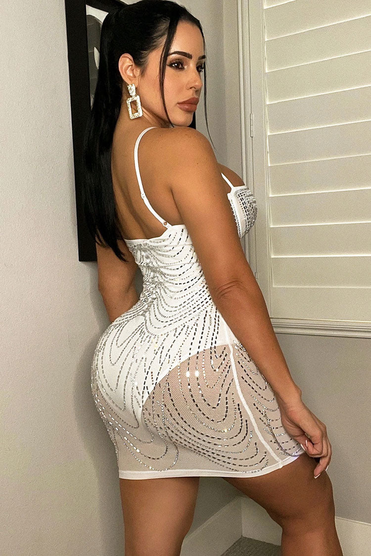 Sparkly Rhinestone Sweetheart Neck Sheer Mesh Bodycon Party Mini Dress - White - Fashionpara