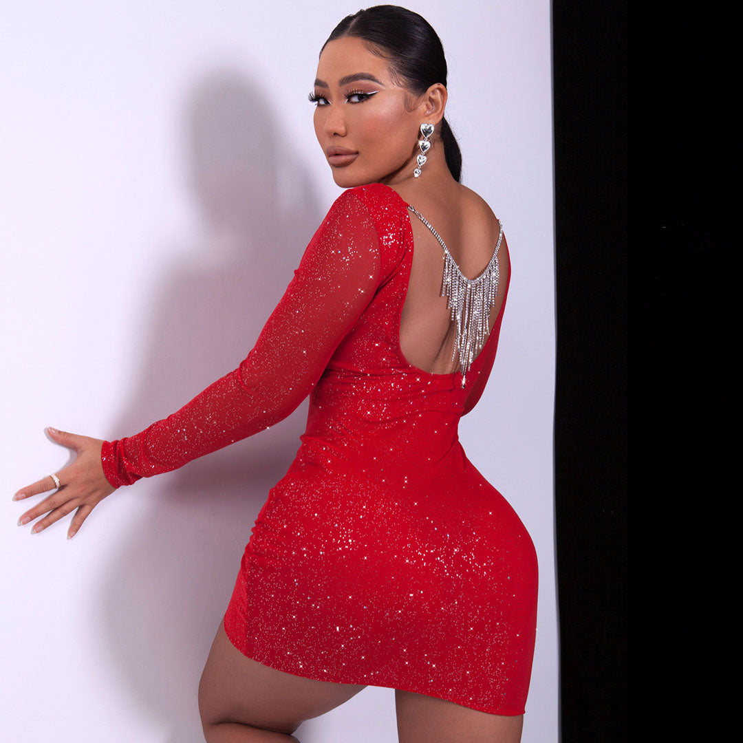 Rhinestone Tassel Boat Neck Open Back Party Mini Dress - Red - View 3