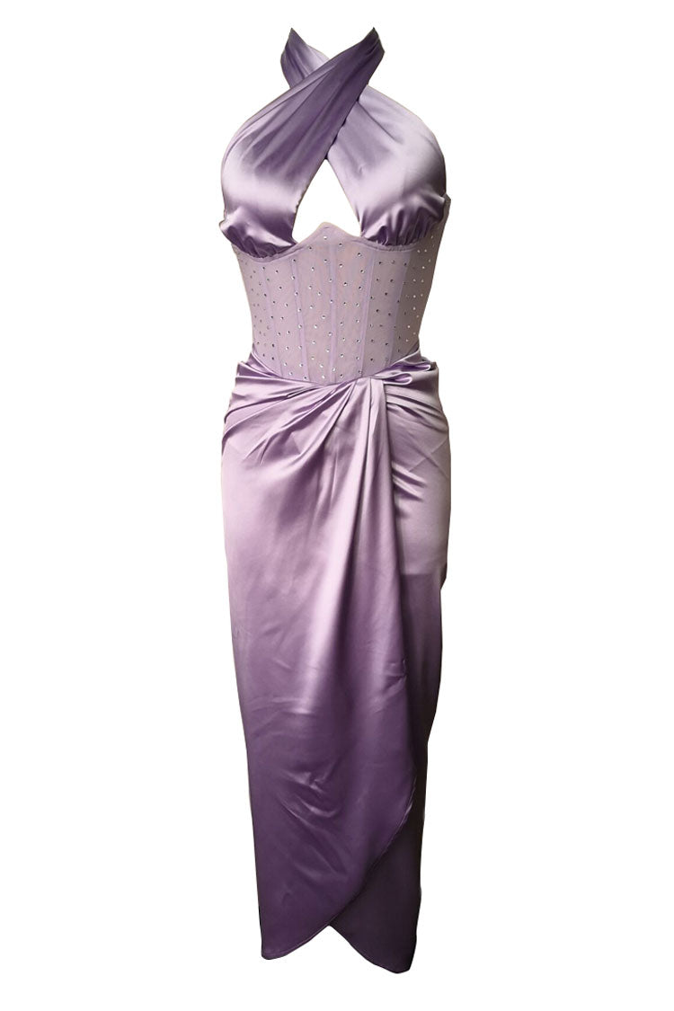 Satin Halter Neck Rhinestone Corset High Split Maxi Dress - View 3