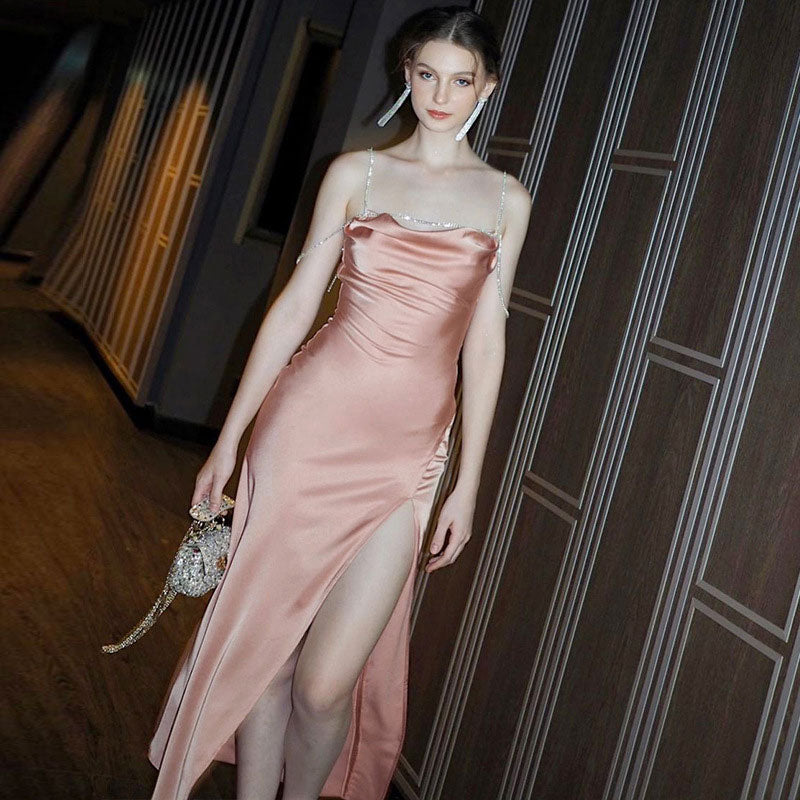 Satin Rhinestone Strap Cowl Neck High-Slit Slip Maxi Dress