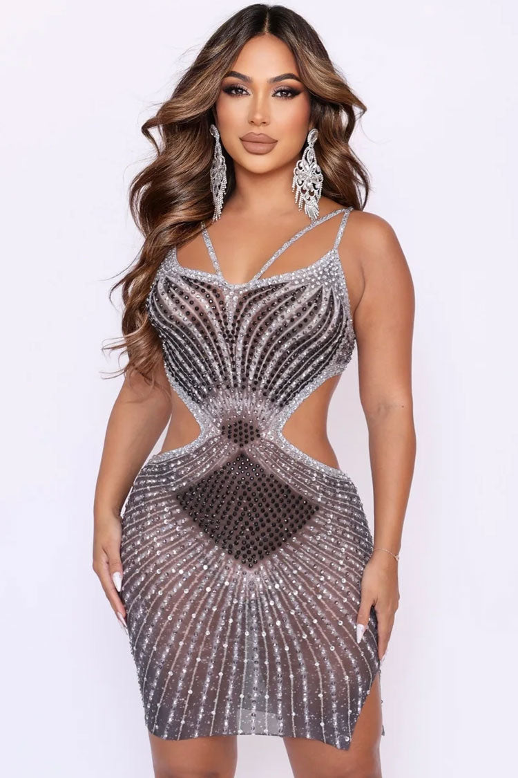 Sparkly Rhinestone V Neck Sheer Mesh Cutout Party Mini Dress - Black Fashionpara