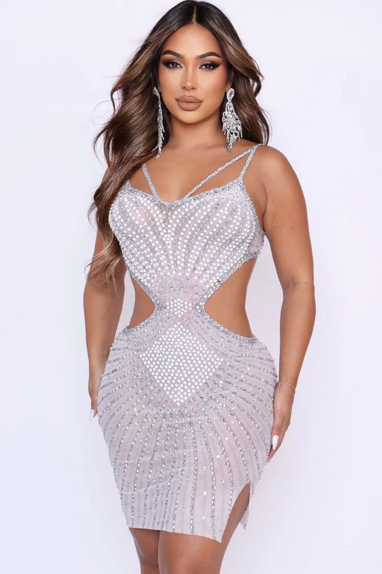 Sparkly Rhinestone V Neck Sheer Mesh Cutout Party Mini Dress - Ivory - View 2