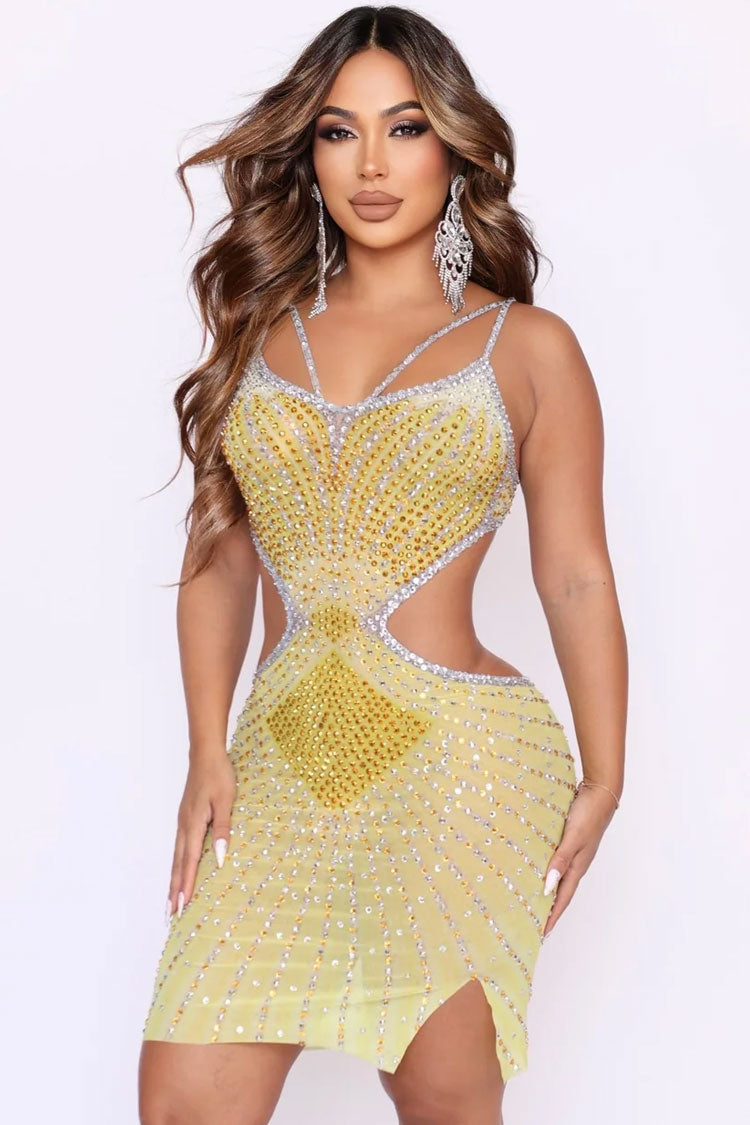 Sparkly Rhinestone V Neck Sheer Mesh Cutout Party Mini Dress - Yellow Fashionpara