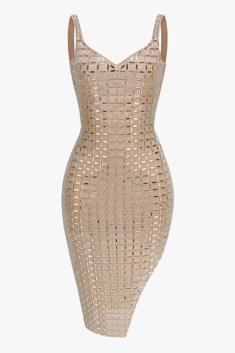 Sparkly Rhinestone V Neck Sleeveless Mesh Split Cocktail Midi Dress