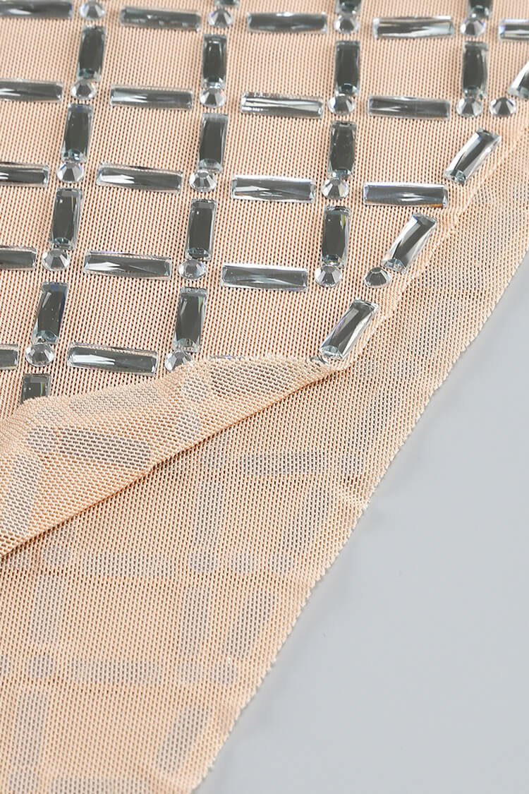 Sparkly Rhinestone V Neck Sleeveless Mesh Split Cocktail Midi Dress