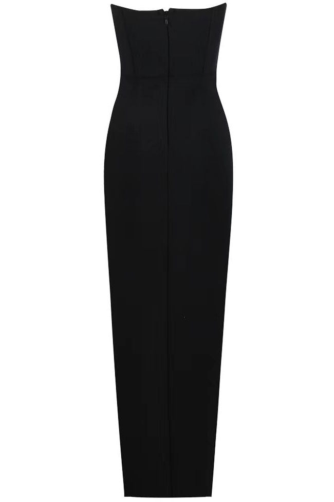 Sparkly Rosette Sweetheart Strapless High Split Formal Maxi Dress - Black Fashionpara