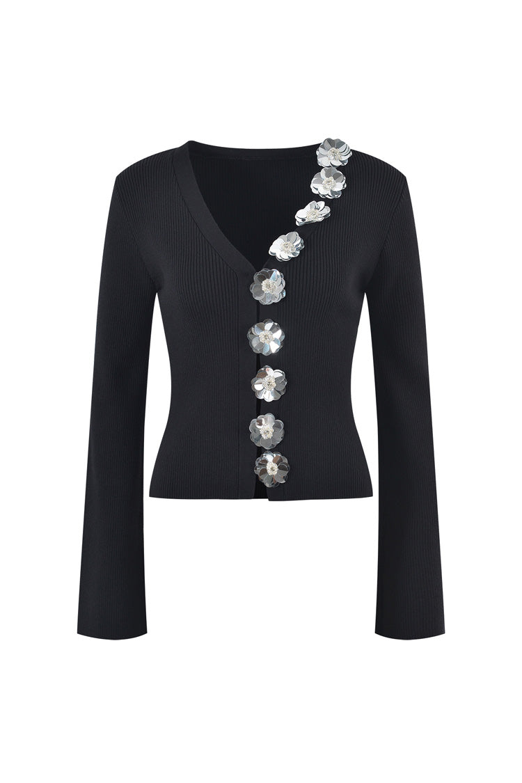 Sparkly V Neck Long Sleeve Cinched Waist Knit Cardigan