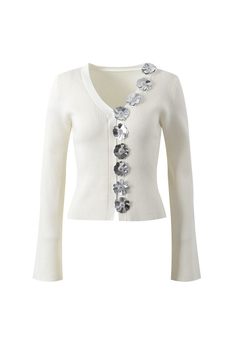 Sparkly V Neck Long Sleeve Cinched Waist Knit Cardigan