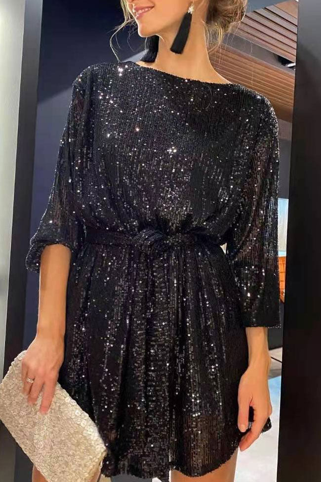 Sequin Boat Neck Bishop Sleeve Belted Mini Dress