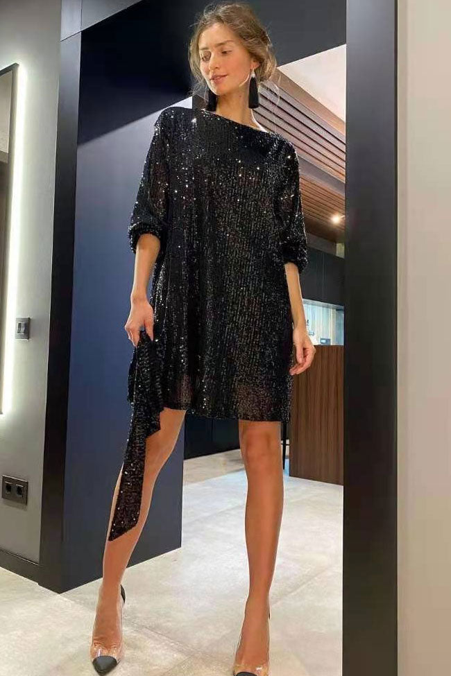 Sequin Boat Neck Bishop Sleeve Belted Mini Dress 2