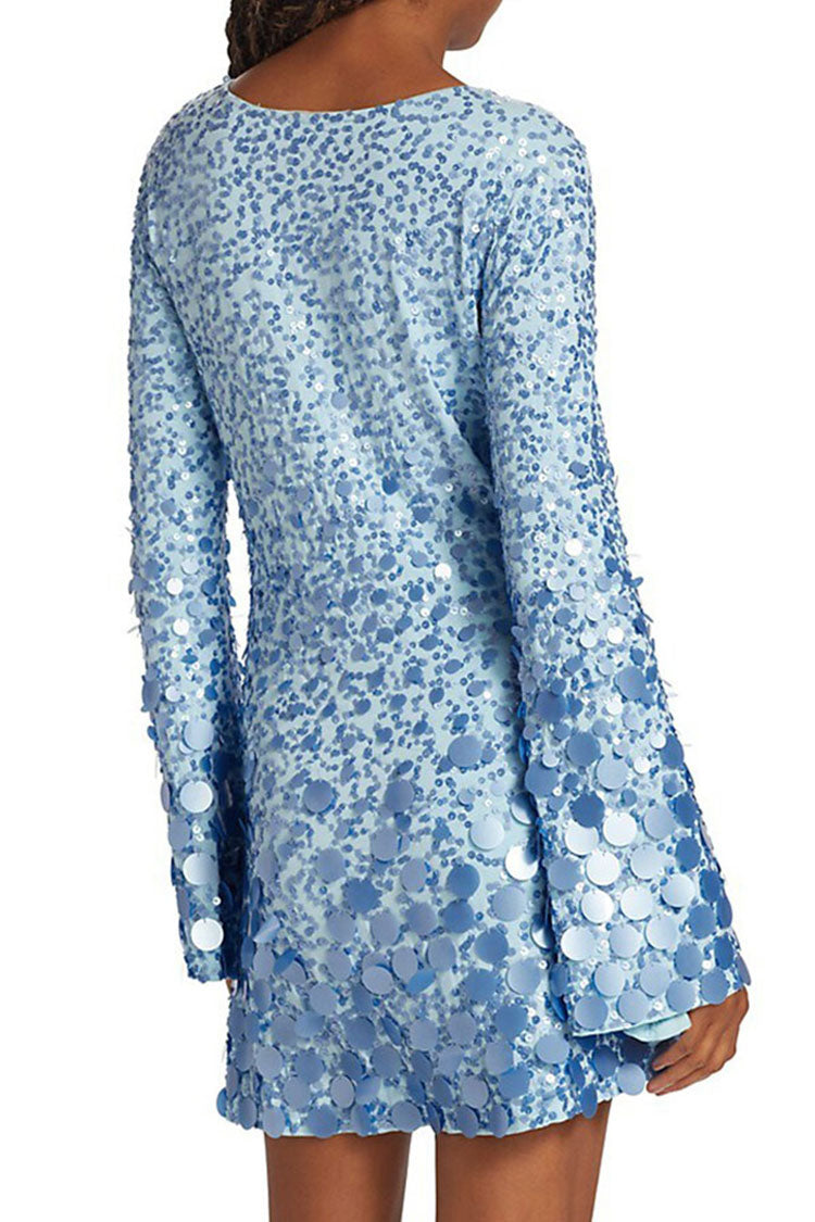 Sparkly Round Neck Long Sleeve Bodycon Sequin Party Mini Dress - Blue - Fashionpara