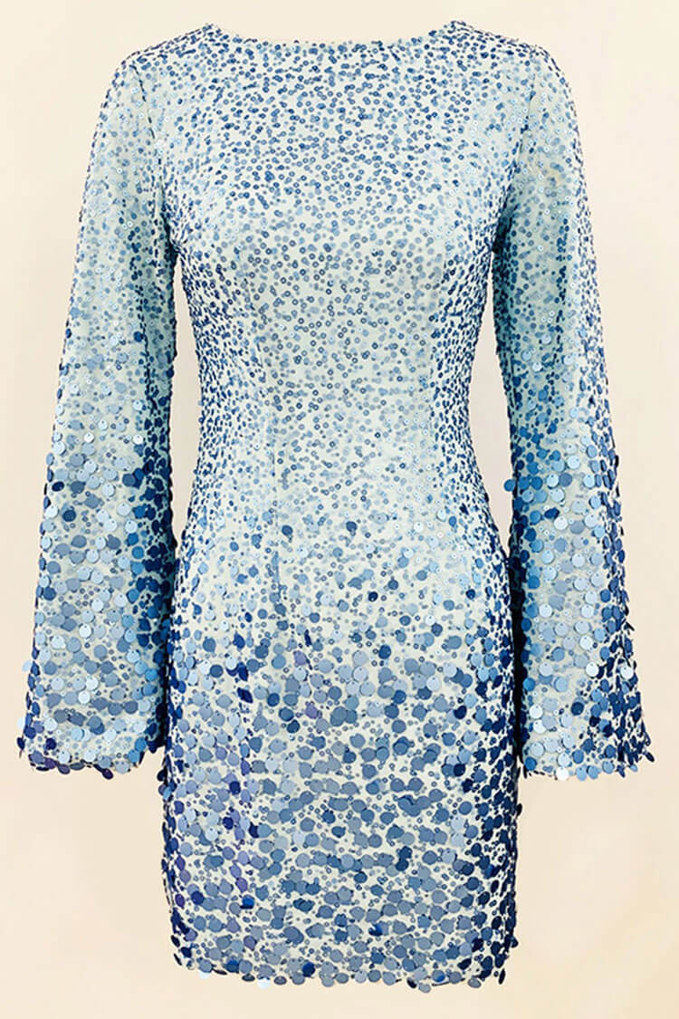 Sparkly Round Neck Long Sleeve Bodycon Sequin Party Mini Dress - Blue - Fashionpara