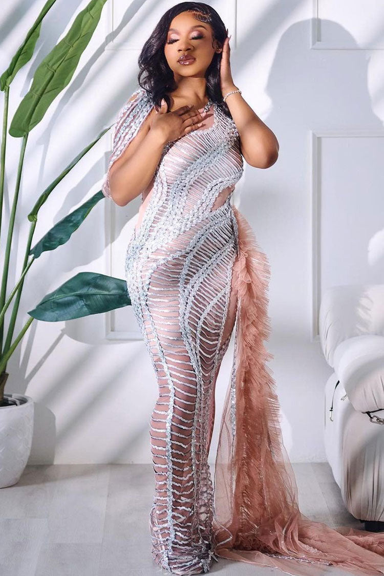 Sparkly Semi Sheer Tulle Ruffle Train Sequin Fishtail Evening Maxi Dress - Silver Fashionpara