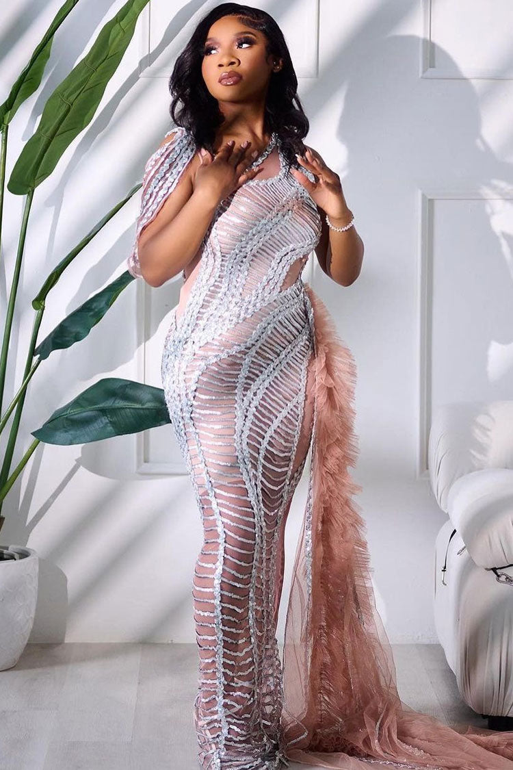 Sparkly Semi Sheer Tulle Ruffle Train Sequin Fishtail Evening Maxi Dress - Silver Fashionpara