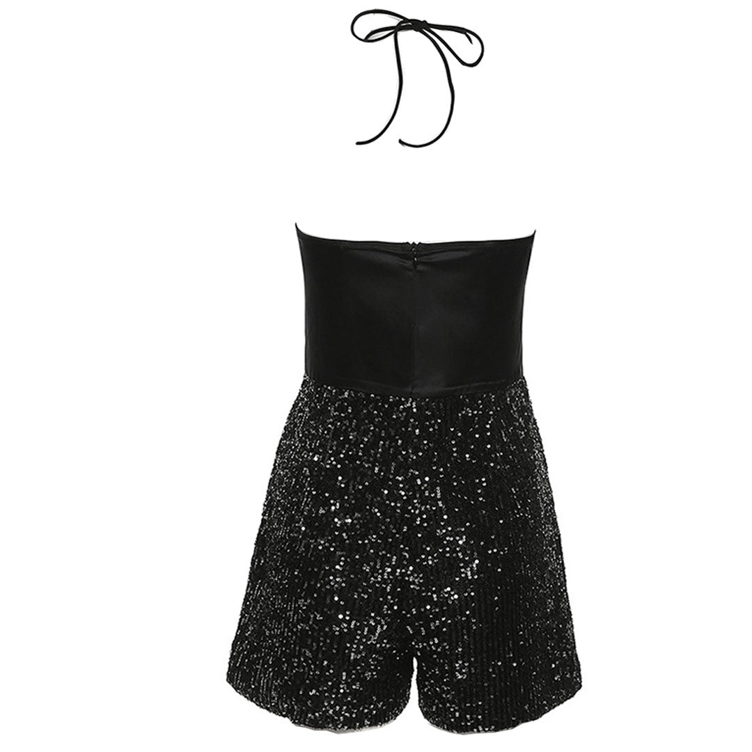 Sequin Bow Embellished Halter Neck Party Romper - Black