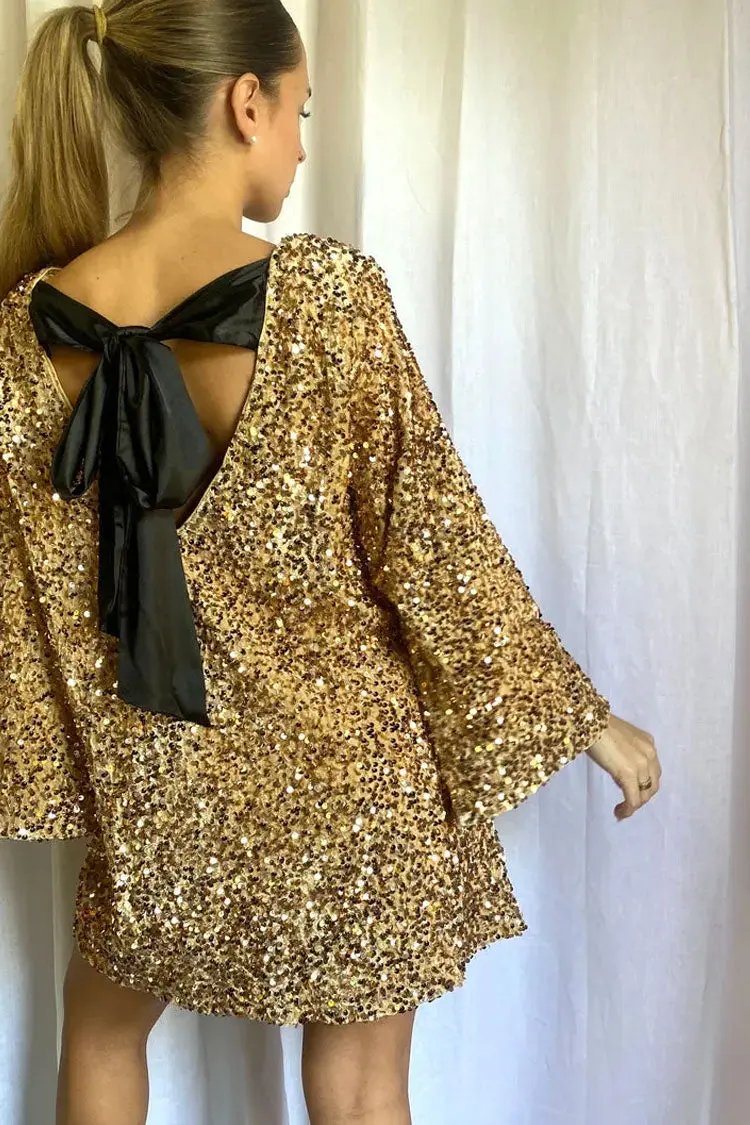 Sparkly Sequin Bow Tie Long Sleeve Oversized Velvet Party Mini Dress - Gold  Fashionpara