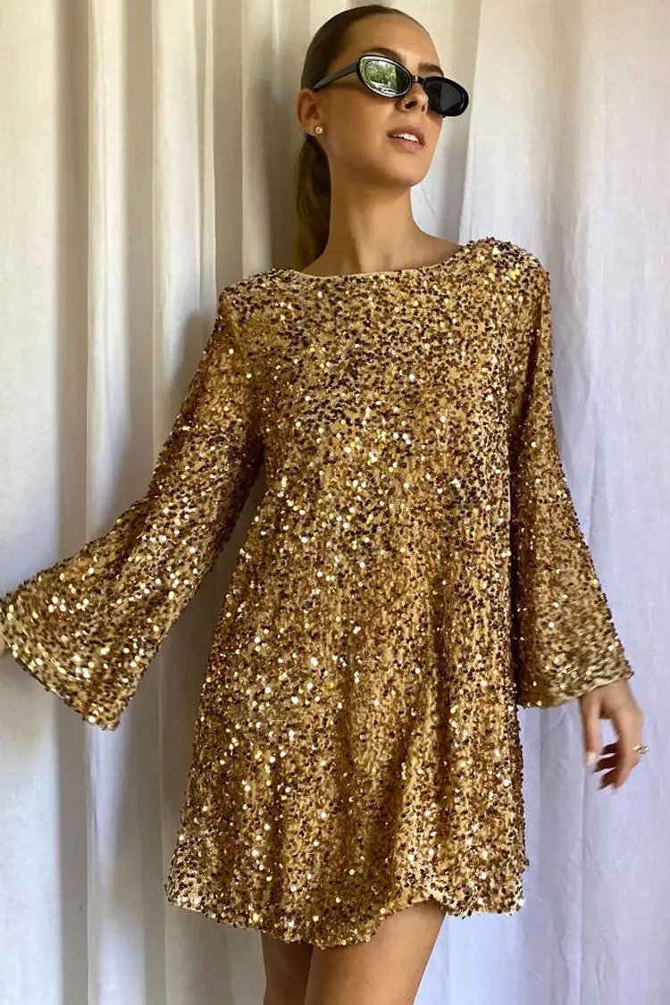 Sparkly Sequin Bow Tie Long Sleeve Oversized Velvet Party Mini Dress - Gold  Fashionpara