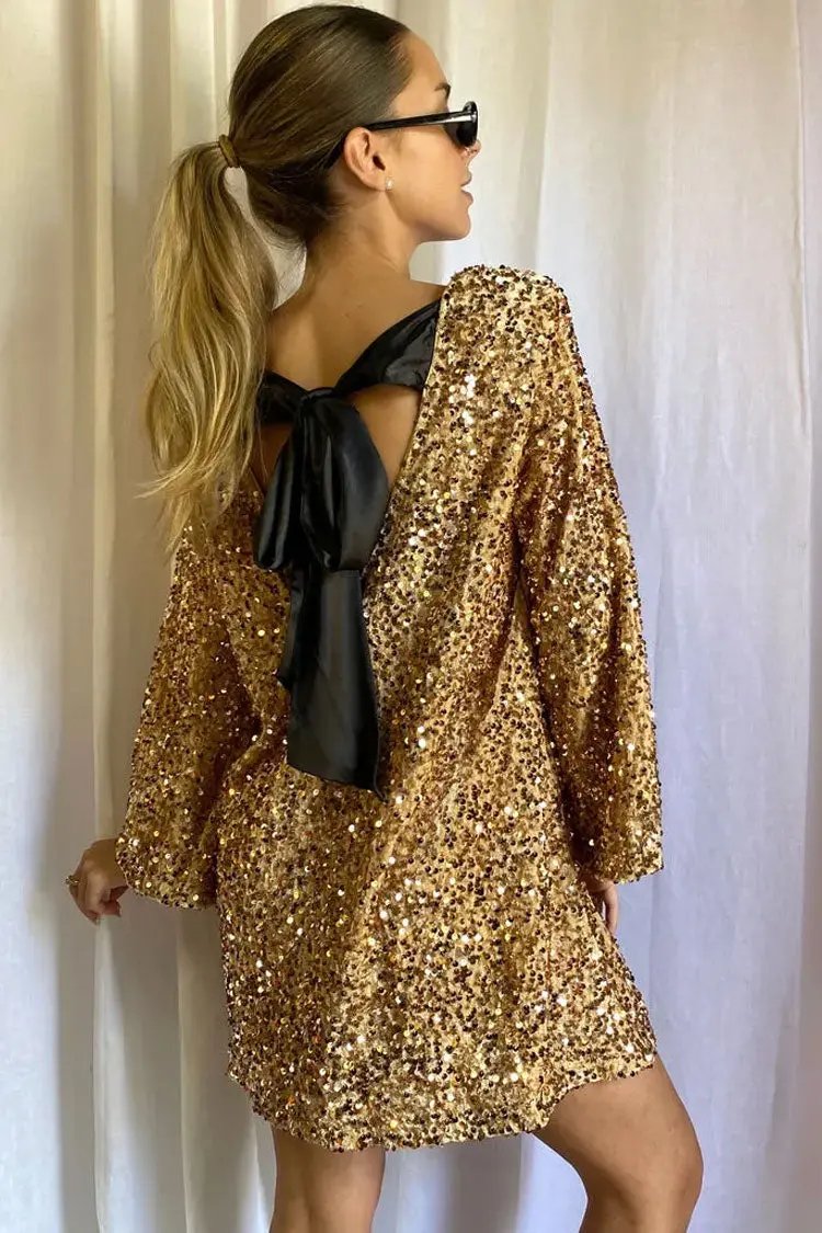 Sparkly Sequin Bow Tie Long Sleeve Oversized Velvet Party Mini Dress - Gold  Fashionpara