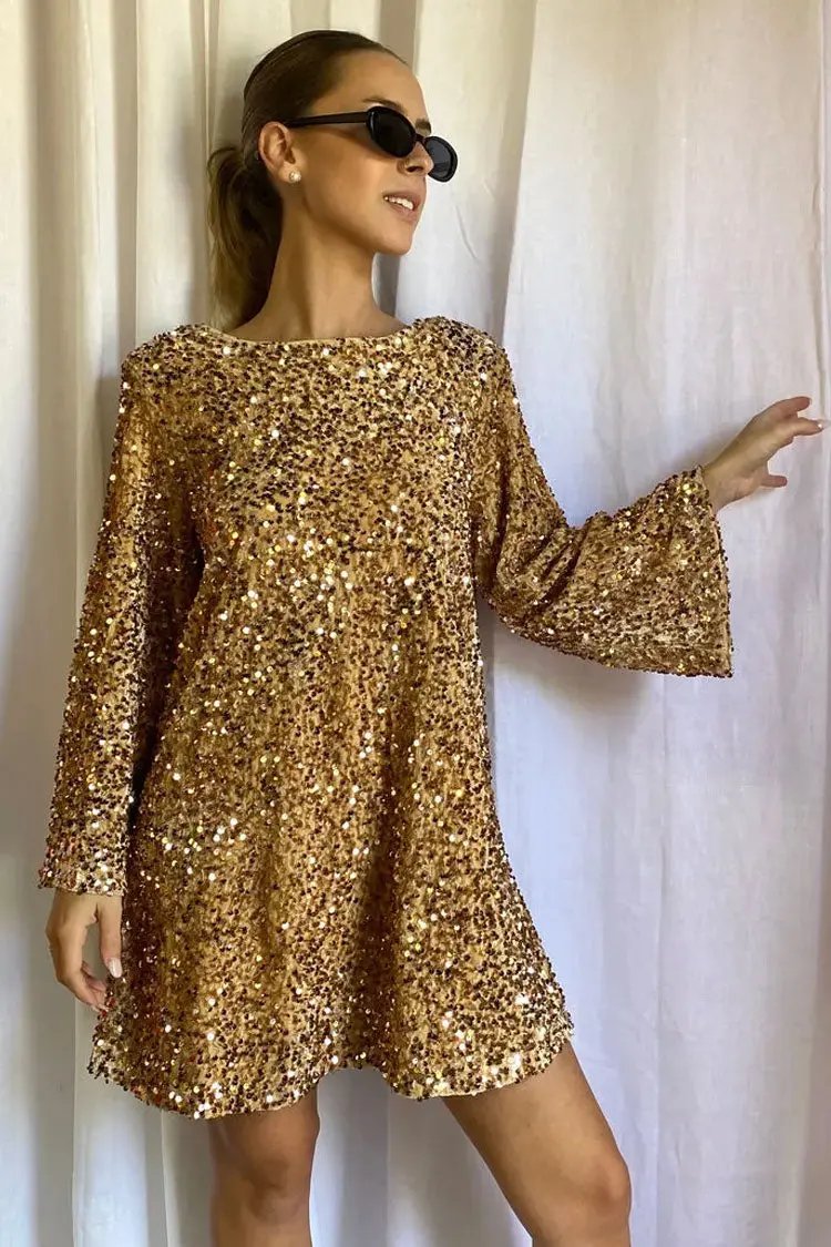 Sparkly Sequin Bow Tie Long Sleeve Oversized Velvet Party Mini Dress - Gold  Fashionpara