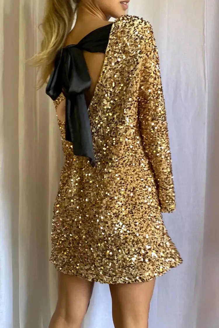 Sparkly Sequin Bow Tie Long Sleeve Oversized Velvet Party Mini Dress - Gold  Fashionpara