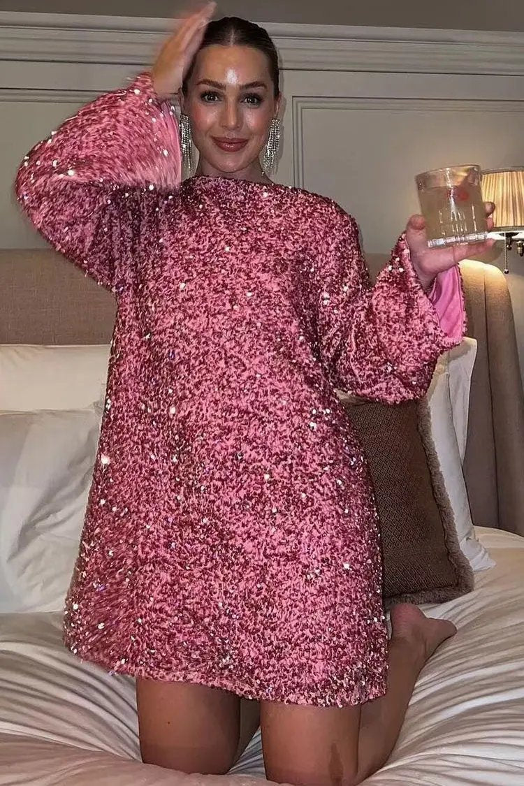 Sparkly Sequin Bow Tie Long Sleeve Oversized Velvet Party Mini Dress - Hot Pink  Fashionpara