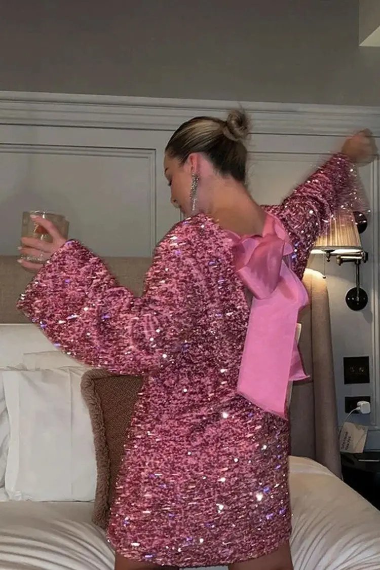 Sparkly Sequin Bow Tie Long Sleeve Oversized Velvet Party Mini Dress - Hot Pink  Fashionpara