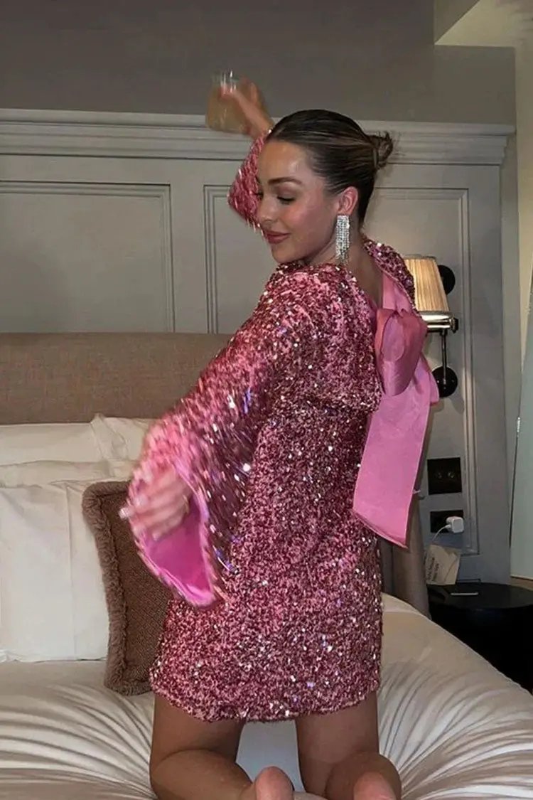 Sparkly Sequin Bow Tie Long Sleeve Oversized Velvet Party Mini Dress - Hot Pink  Fashionpara