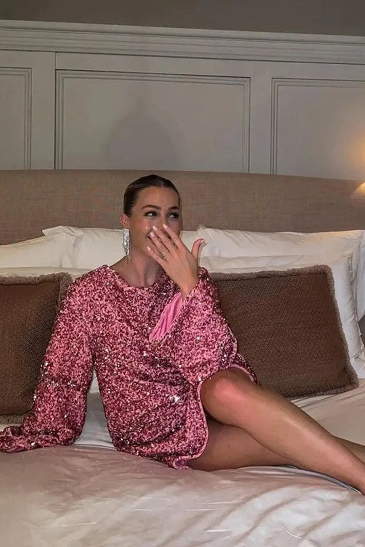 Sparkly Sequin Bow Tie Long Sleeve Oversized Velvet Party Mini Dress - Hot Pink  Fashionpara