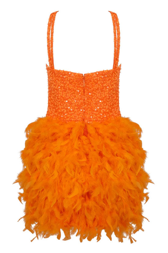 Sparkly Sequin Bustier Sleeveless Feather Trim Party Mini Dress - Burnt Orange  Fashionpara