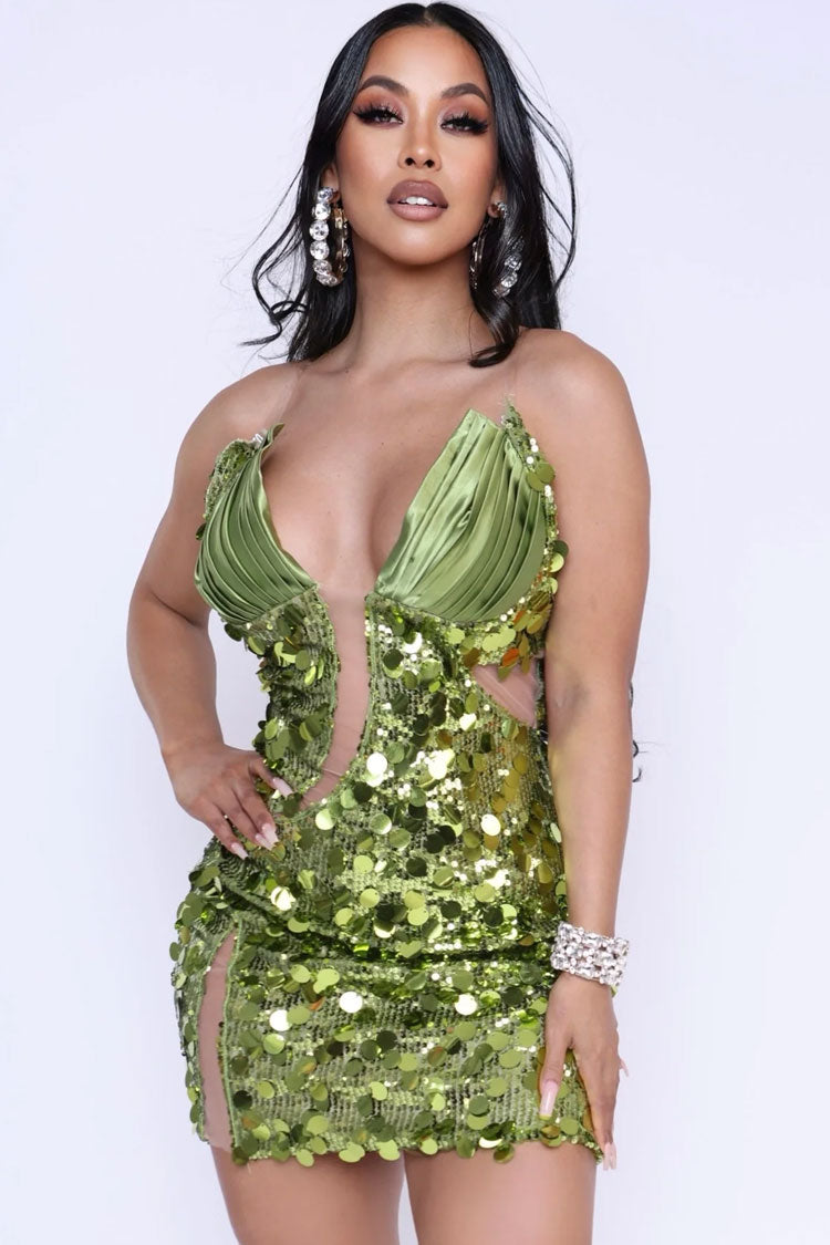 Sparkly Sequin Choker Deep V Sheer Mesh Bodycon Tube Party Mini Dress - Green  Fashionpara
