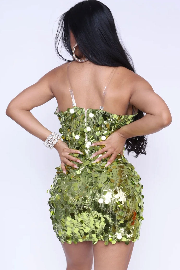 Sparkly Sequin Choker Deep V Sheer Mesh Bodycon Tube Party Mini Dress - Green  Fashionpara