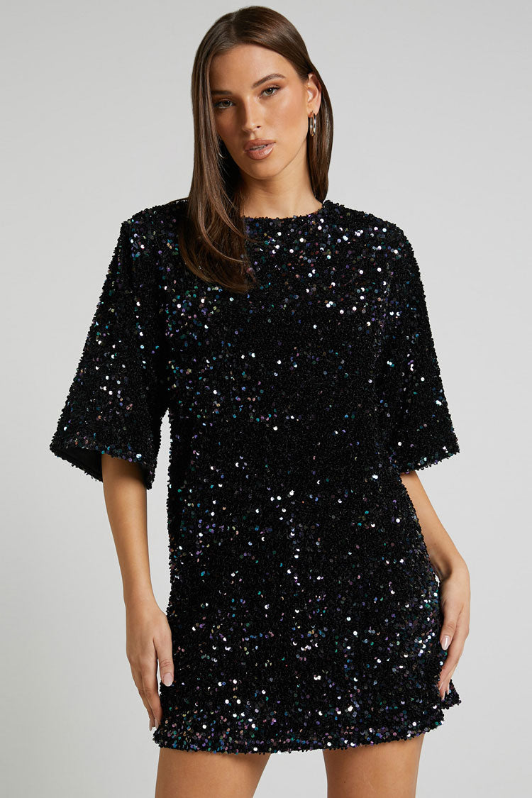 Sparkly Sequin Crew Neck Short Sleeve Oversized Velvet Party Mini Dress - Black  Fashionpara