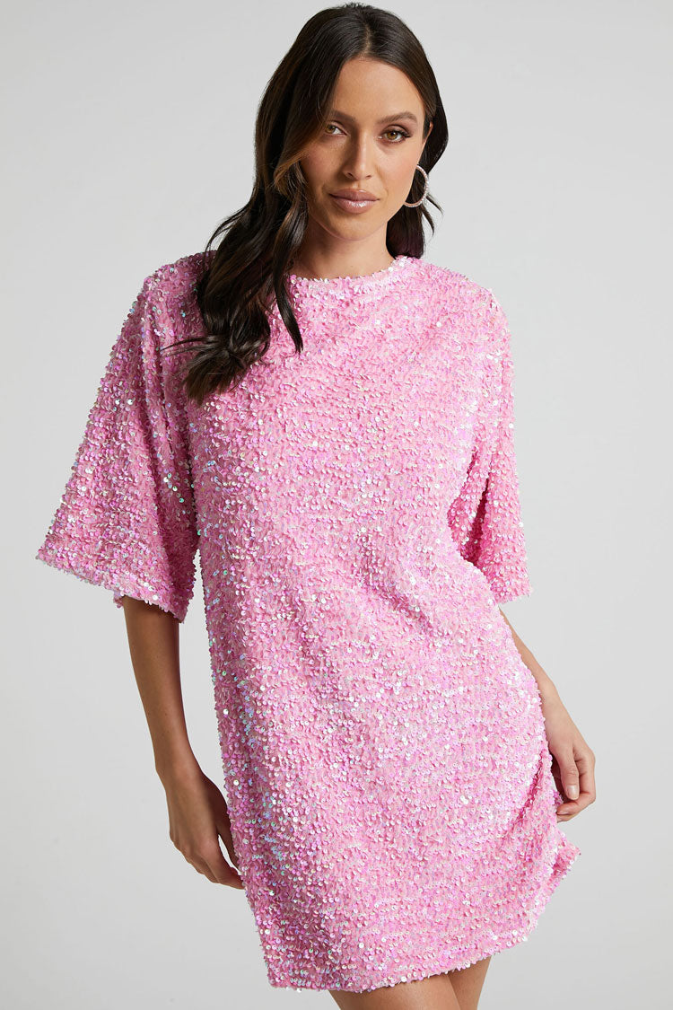 Sparkly Sequin Crew Neck Short Sleeve Oversized Velvet Party Mini Dress - Pink  Fashionpara