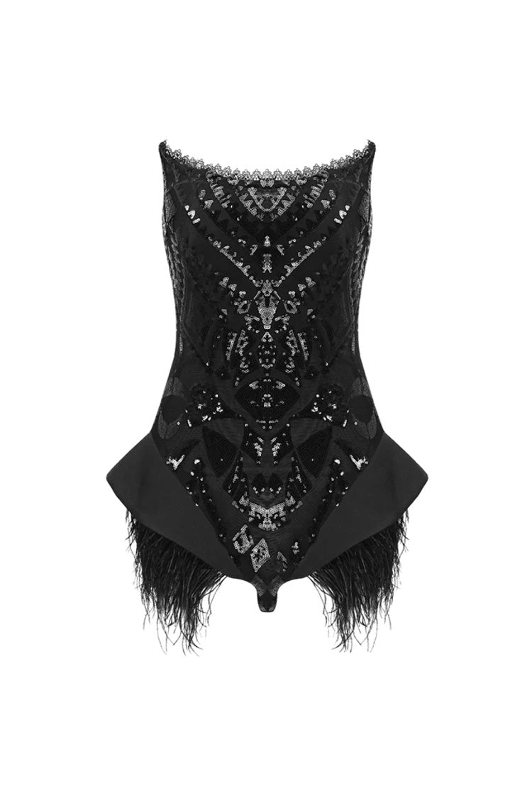 Sparkly Sequin Embroidered Lace Strapless Feather Trim Peplum Bodysuit - Fashionpara