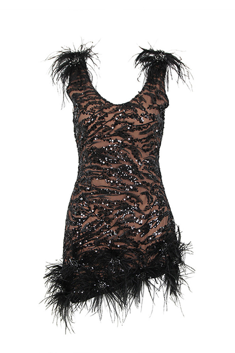 Sparkly Sequin Feather Trim Scoop Neck Sleeveless Bodycon Party Mini Dress - Fashionpara