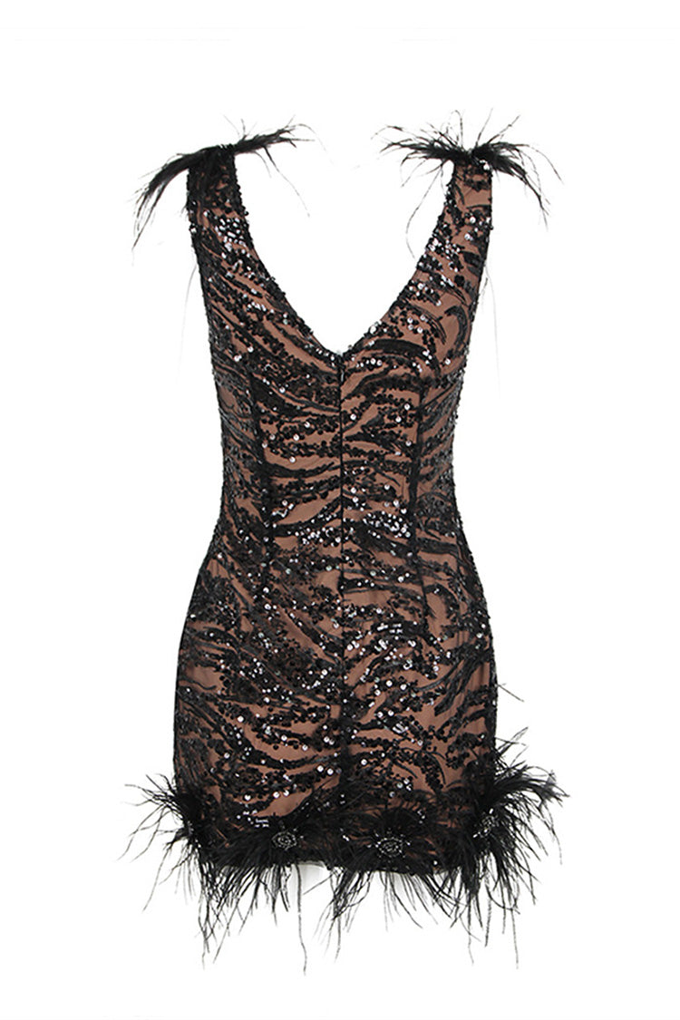 Sparkly Sequin Feather Trim Scoop Neck Sleeveless Bodycon Party Mini Dress - Fashionpara