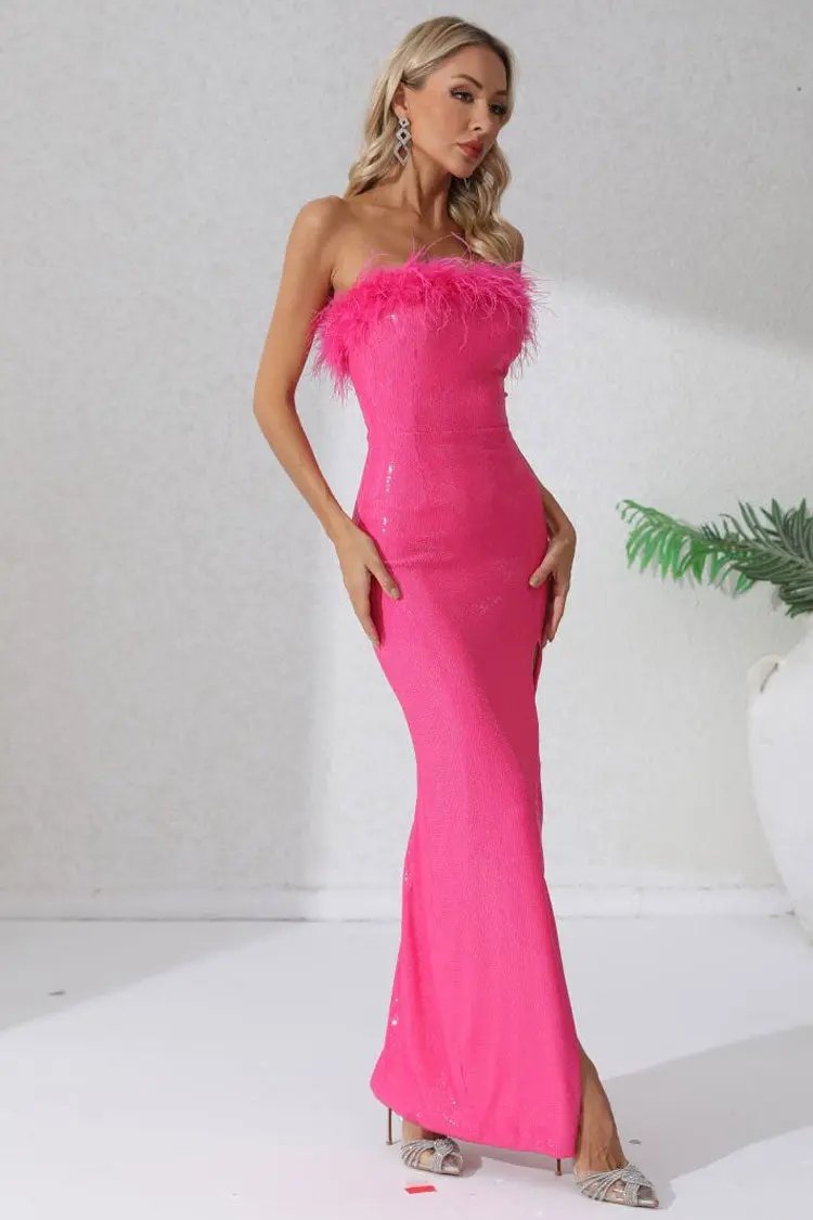 Sparkly Sequin Feather Trim Strapless High Split Evening Maxi Dress - Hot Pink Fashionpara