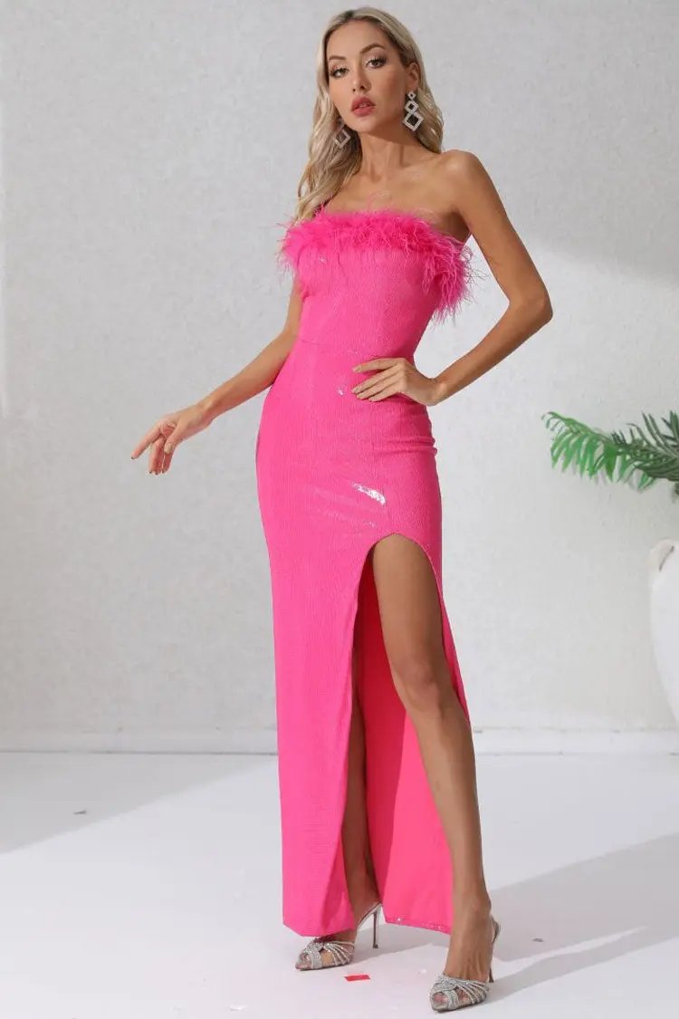 Sparkly Sequin Feather Trim Strapless High Split Evening Maxi Dress - Hot Pink Fashionpara
