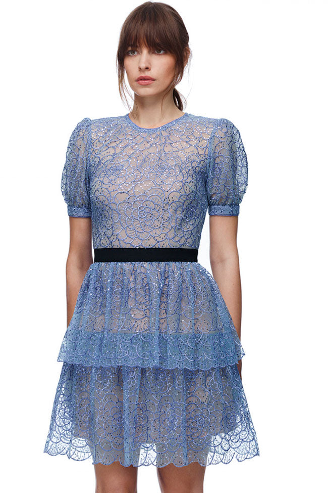 Sparkly Sequin Floral French Mesh Ruffle Tiered Mini Dress - Blue Fashionpara