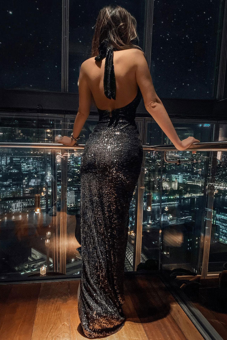 Sparkly Sequin Halter Backless Front Split Evening Maxi Dress - Black Fashionpara