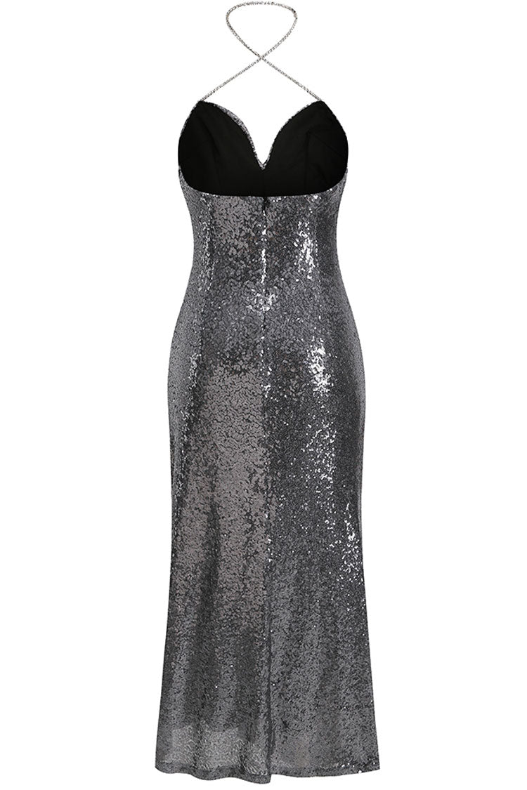 Sequin V-Neck Spaghetti Strap Backless Ruched Bodycon Maxi Dress - View 5
