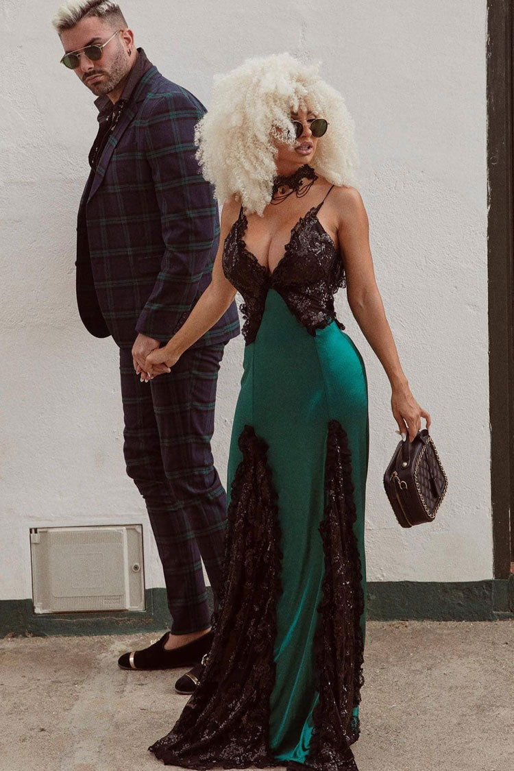 Sparkly Sequin Lace Trim Deep V Split Sleeveless Evening Maxi Dress - Emerald Green  Fashionpara