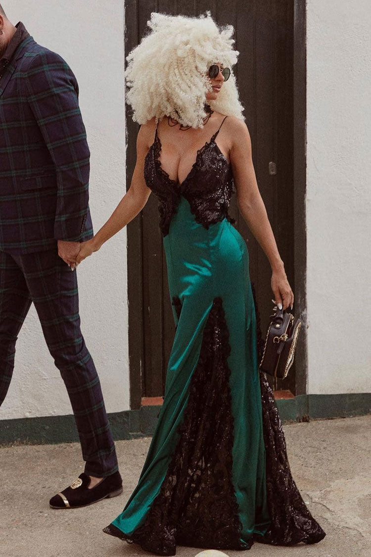 Sparkly Sequin Lace Trim Deep V Split Sleeveless Evening Maxi Dress - Emerald Green  Fashionpara