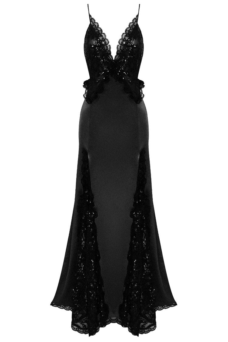 Sparkly Sequin Lace Trim Deep V Split Sleeveless Evening Maxi Dress - Black  Fashionpara