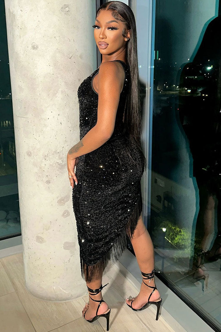 Sparkly Sequin One Shoulder Velvet Bodycon Fringe Flapper Mini Dress - Black  Fashionpara