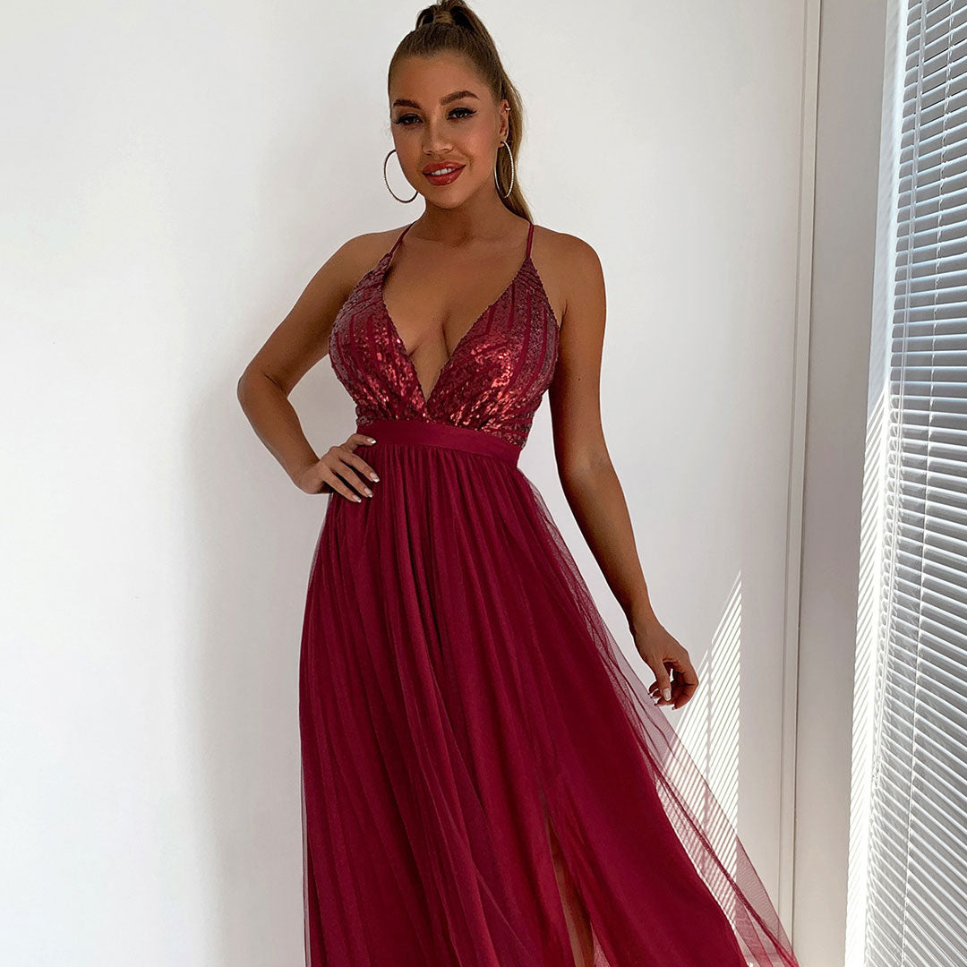 Sequin Deep V-Neck Backless Tulle High Split Maxi Dress in Burgundy - View 2